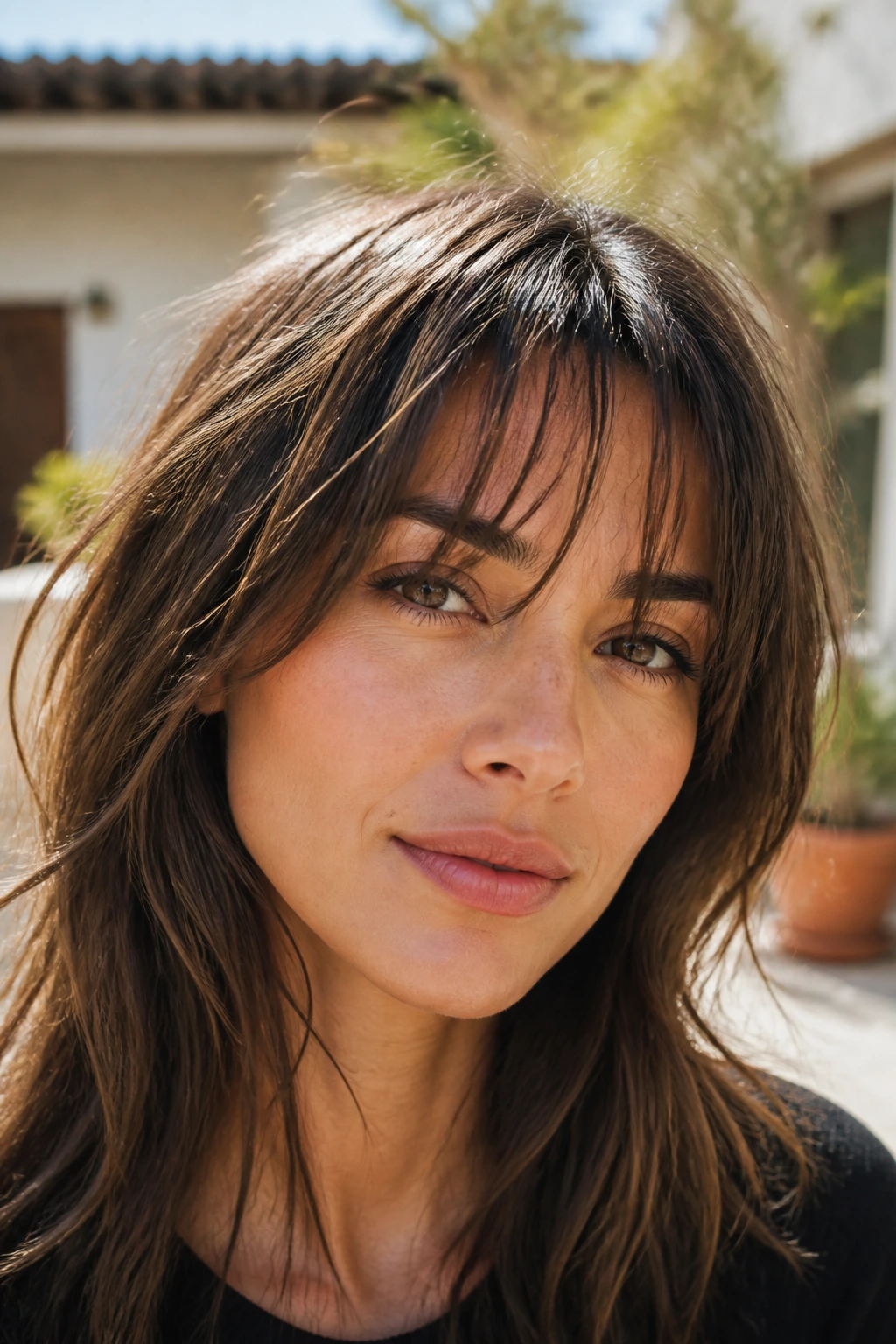 Close-up of a real woman with piecey split fringe showing soft strands