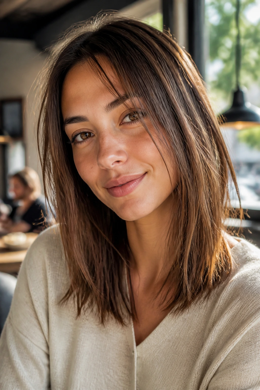 Real woman with piecey straight hair and airy ends in cafe lighting