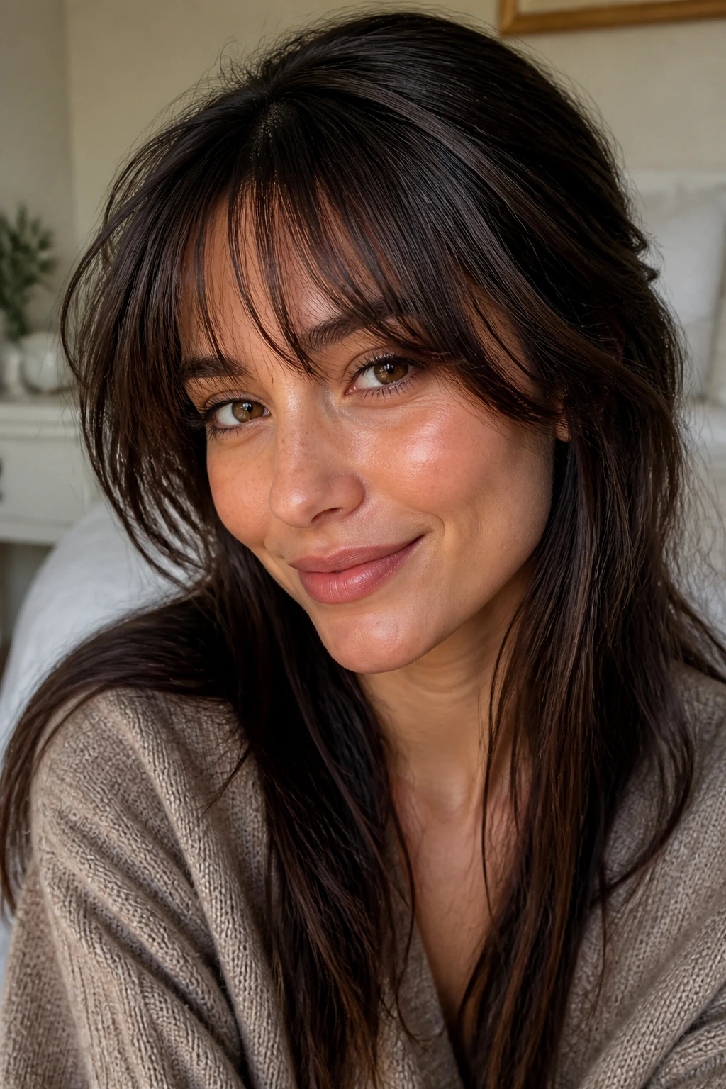 Close-up of a real woman with textured piecey swoop bangs and airy gaps in warm bedroom light