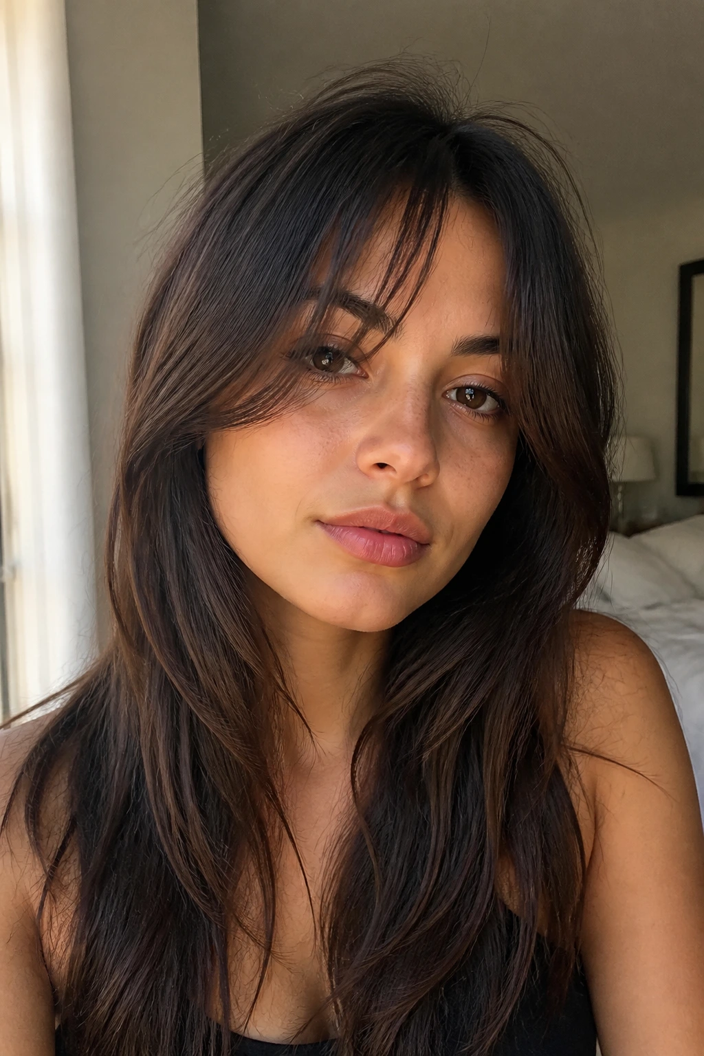Close-up portrait of a real woman with piecey swoop bangs and textured front sections.