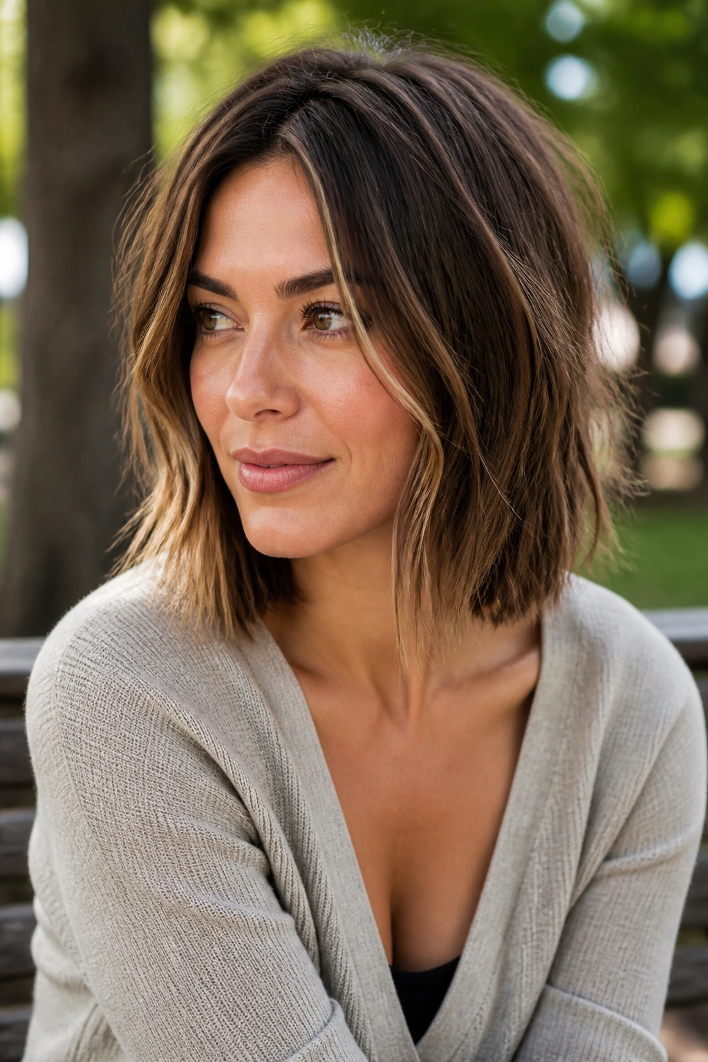 Close-up portrait of a real woman with piecey texture lob and defined mid-lengths.