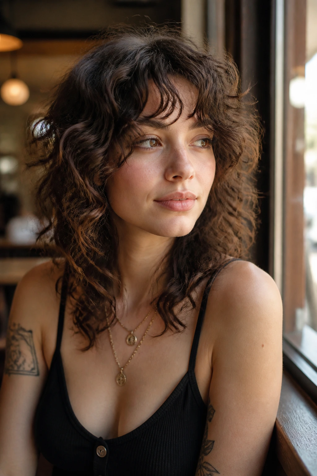 Close-up of real person with piecey texture wolf haircut showing defined curls.