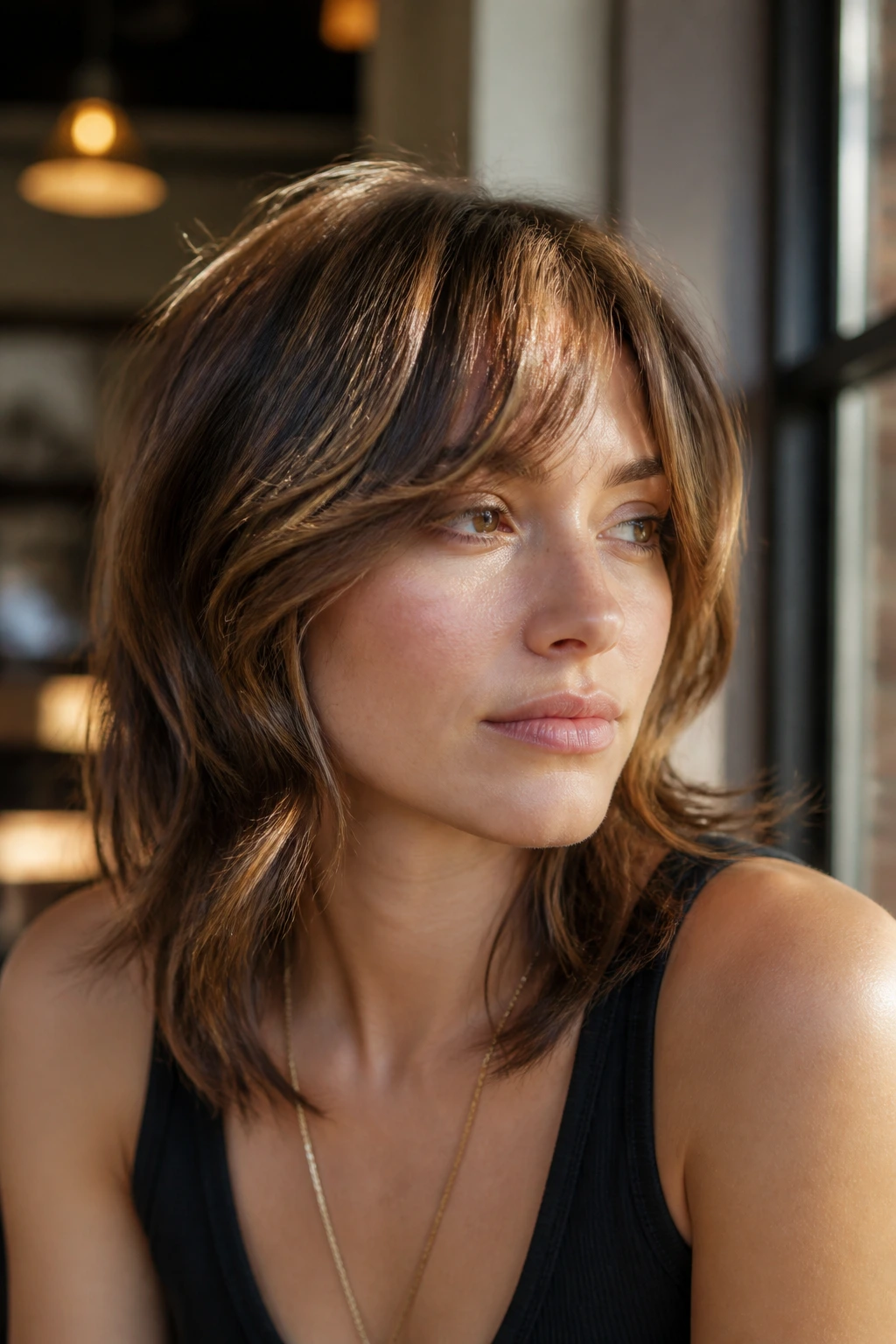Portrait of a person with piecey textured arc bangs in cafe setting