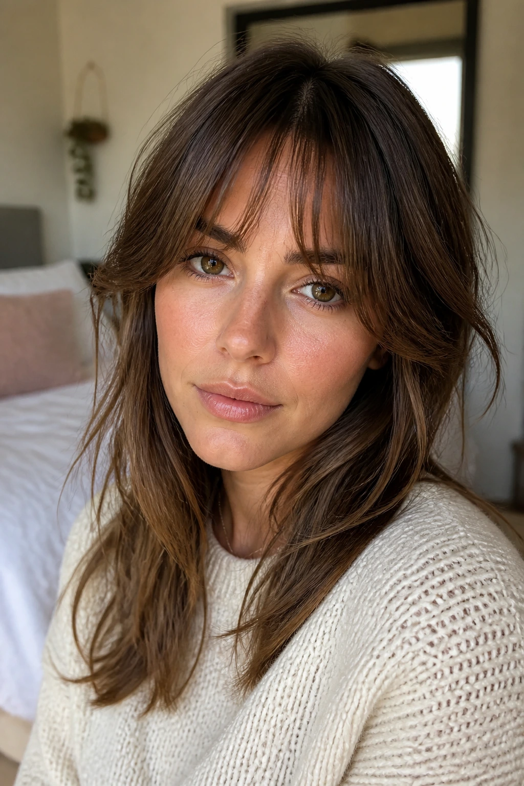 Close-up of a real woman with piecey textured soft bottleneck bangs in natural window light