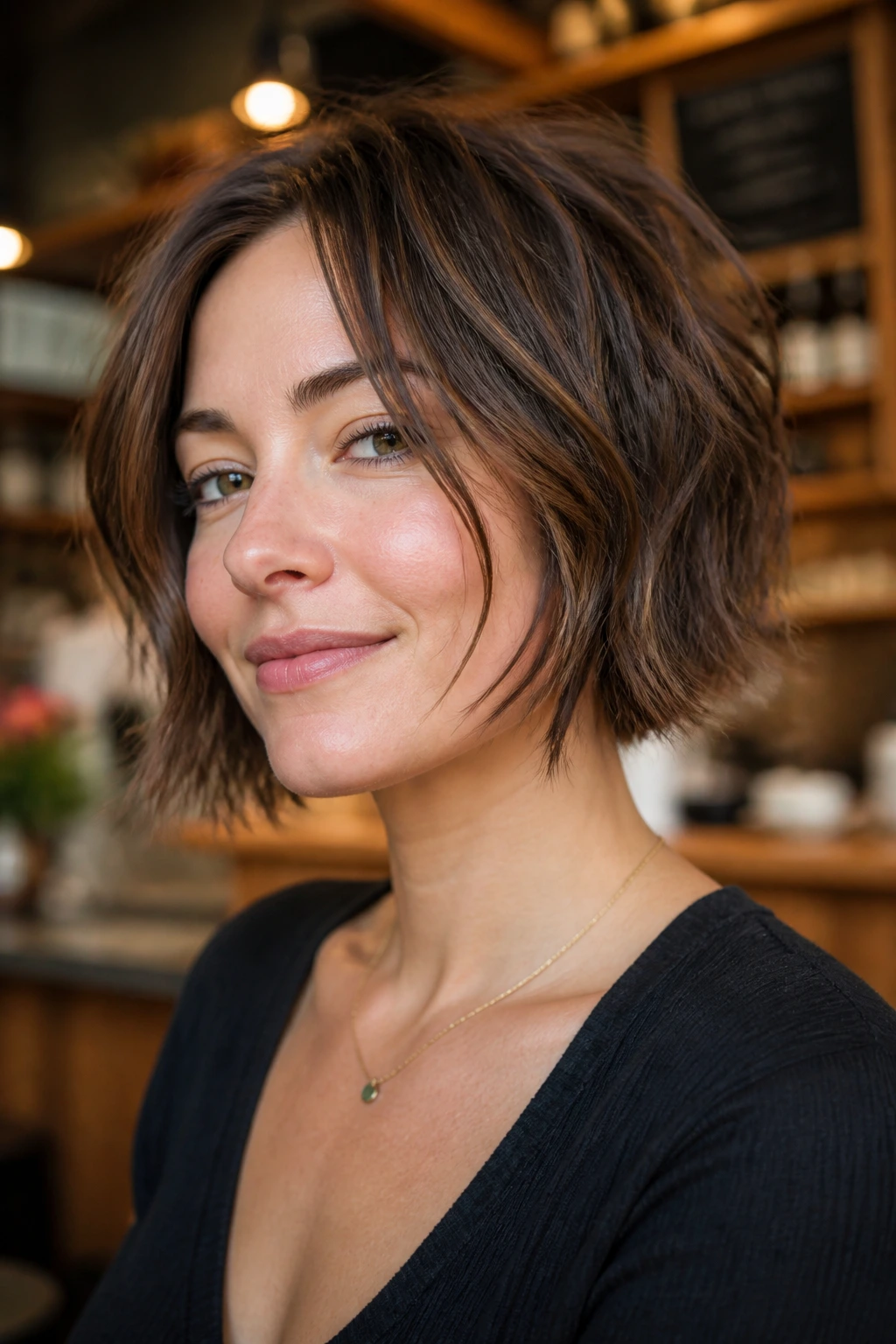 Close-up of a real woman with piecey textured bob in a warm cafe