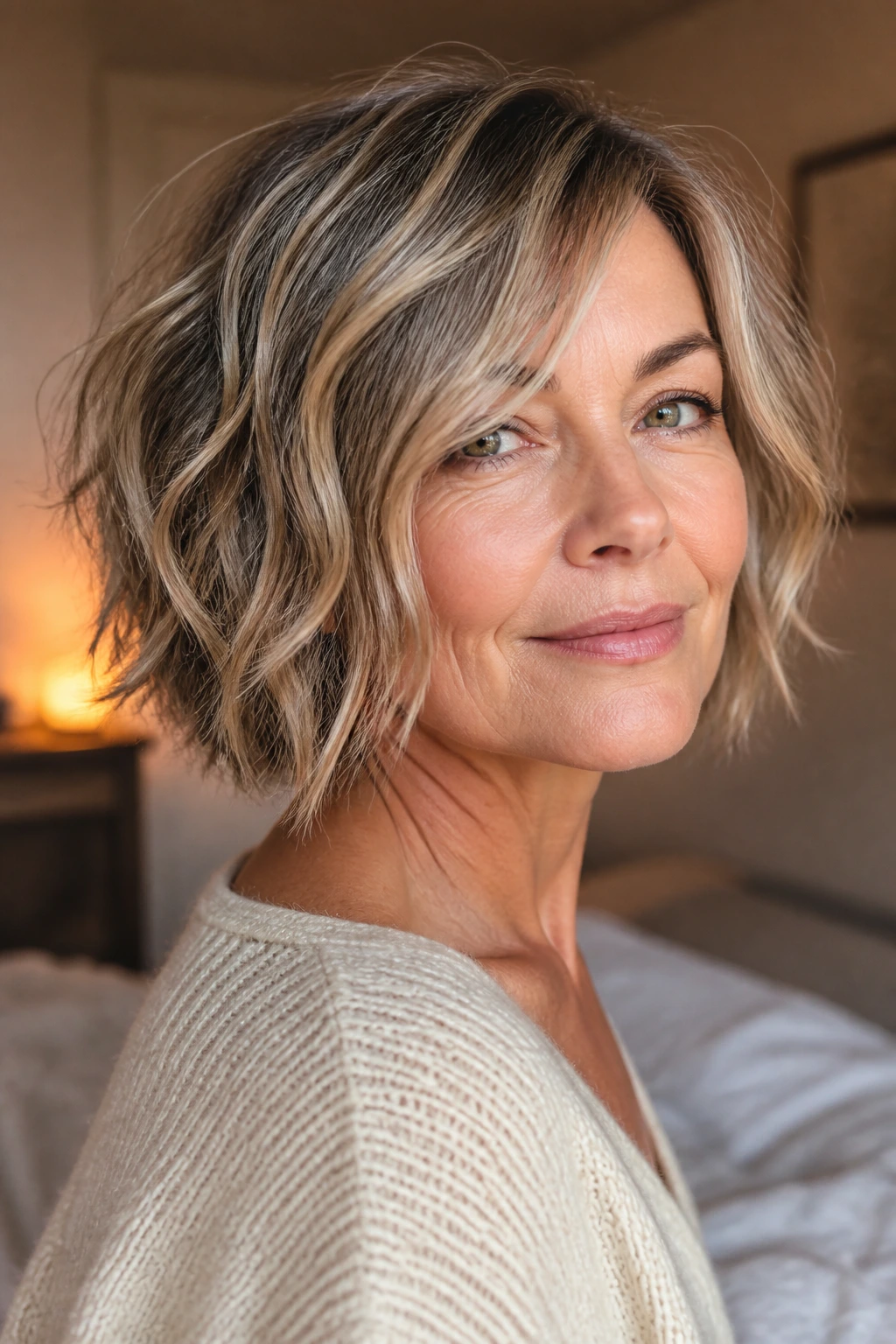 Close-up portrait of a real woman with a piecey textured bob and broken-up ends in warm window light