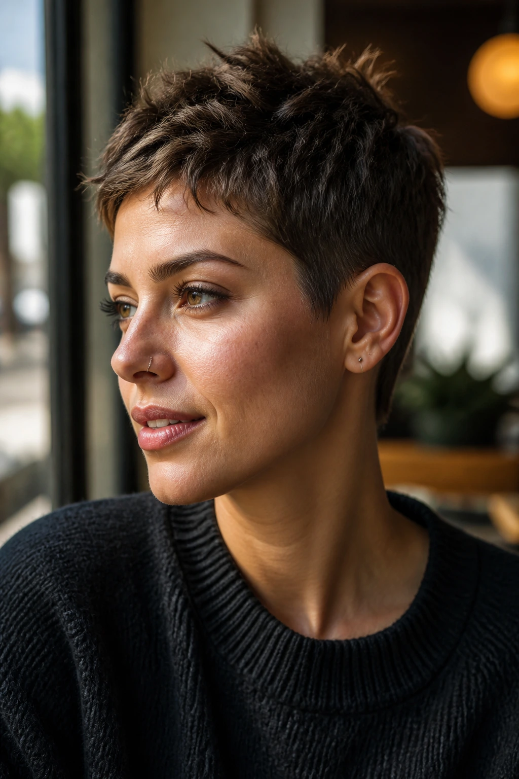 Close-up of a person with a piecey textured crop hairstyle in a sunlit cafe setting.