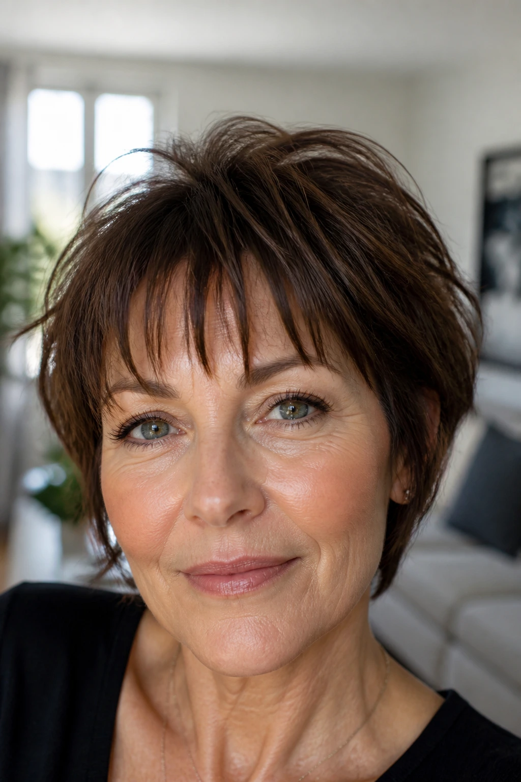 Close-up of a real woman with piecey textured fringe in natural light