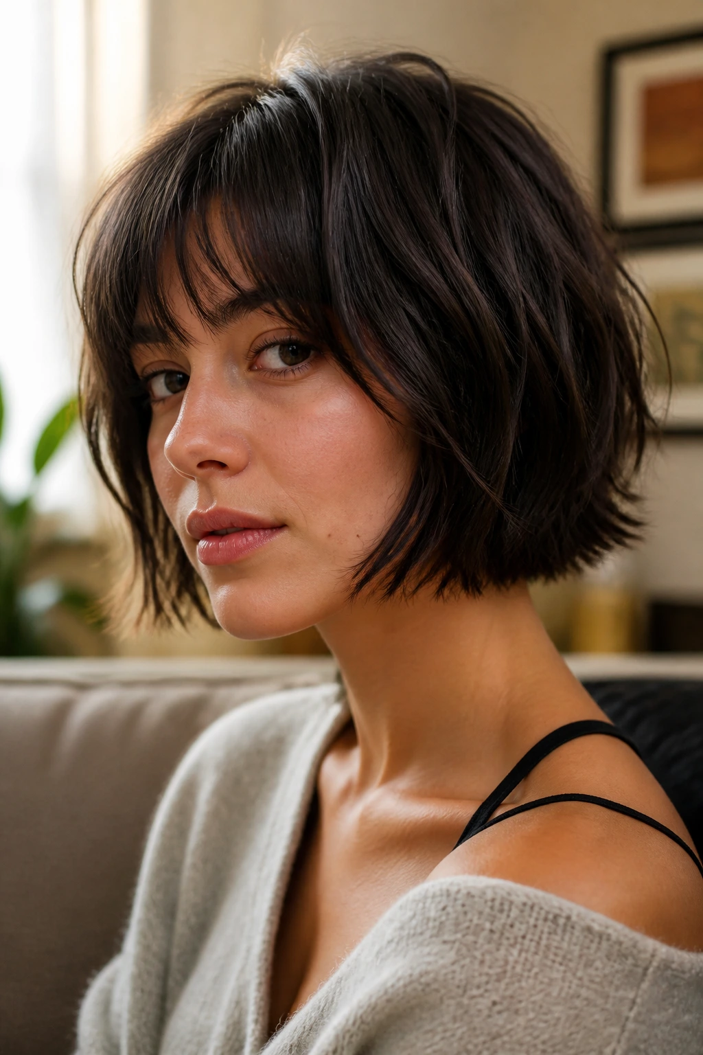 Close-up of a real person with a piecey textured pageboy hairstyle