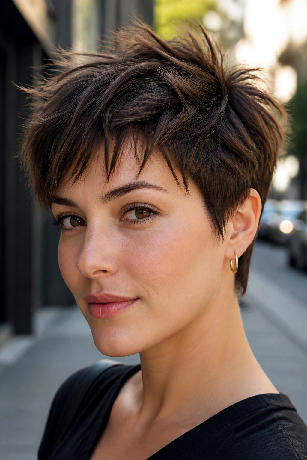 Close-up of a real person with piecey textured pixie showing separated bits in daylight street.