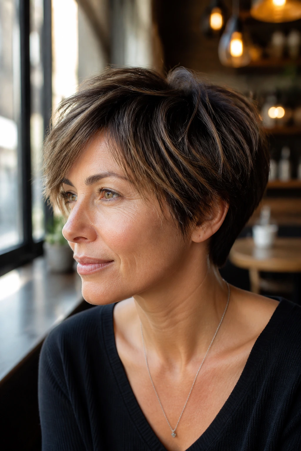 Portrait of real woman with piecey textured pixie bob in cafe light