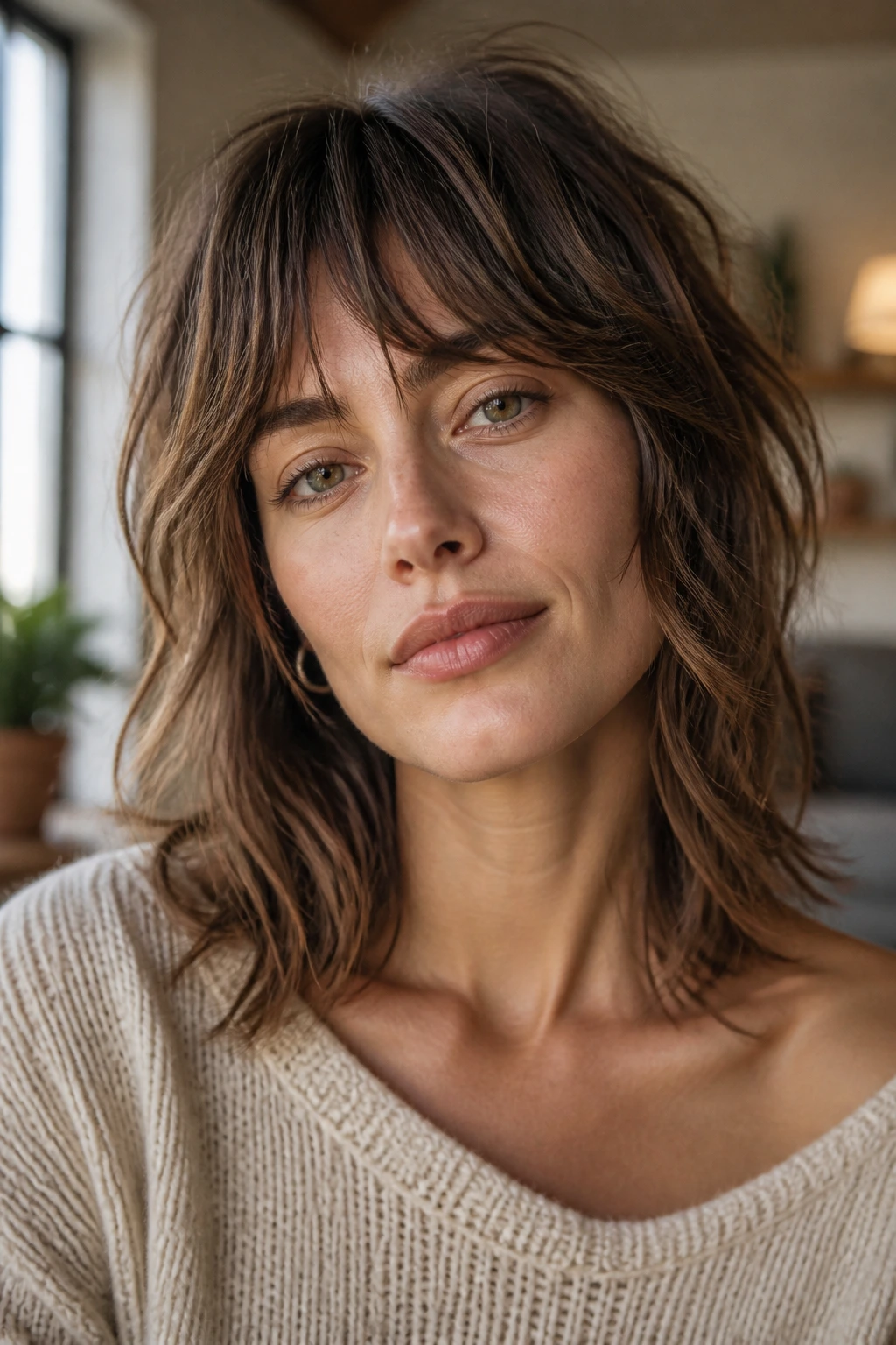 Close-up of a real person with a piecey textured shag hairstyle on medium waves