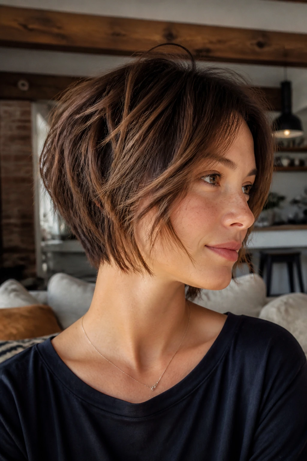 Close-up of a real woman with a piecey textured stacked bob