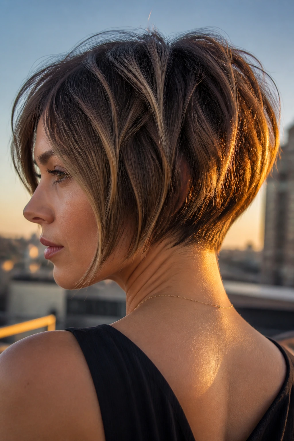 Portrait of a woman with a piecey textured stacked bob