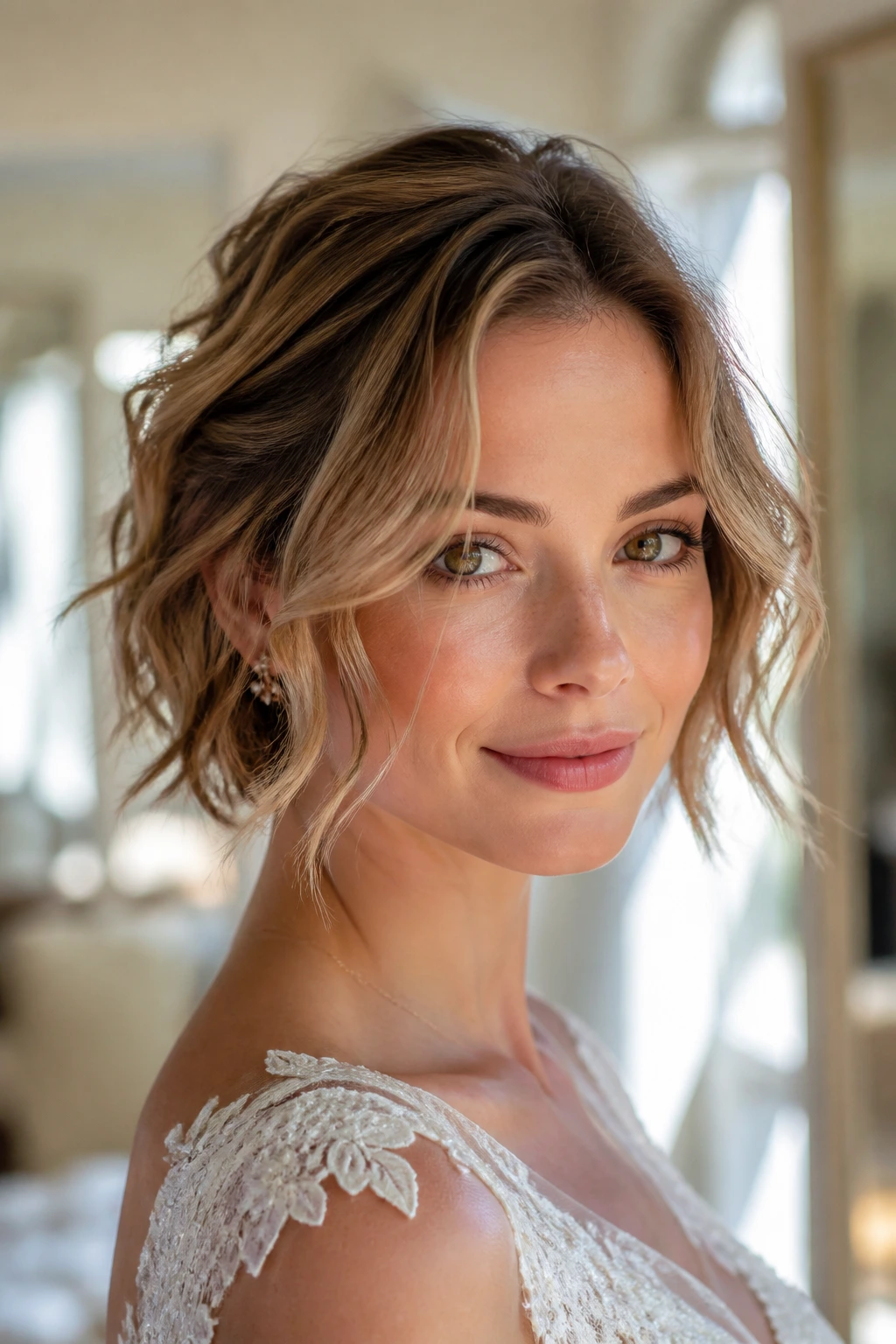 Close-up of real bride with piecey tousled bob in a sunlit bridal suite