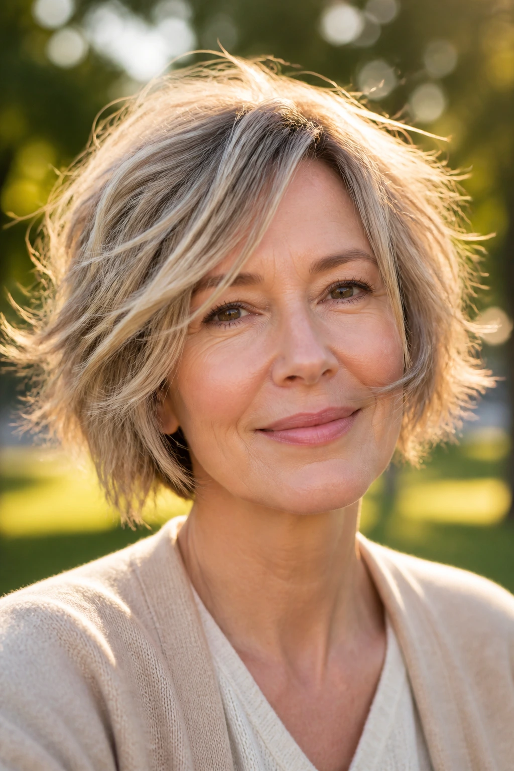 Real woman with piecey tousled bob in golden hour light