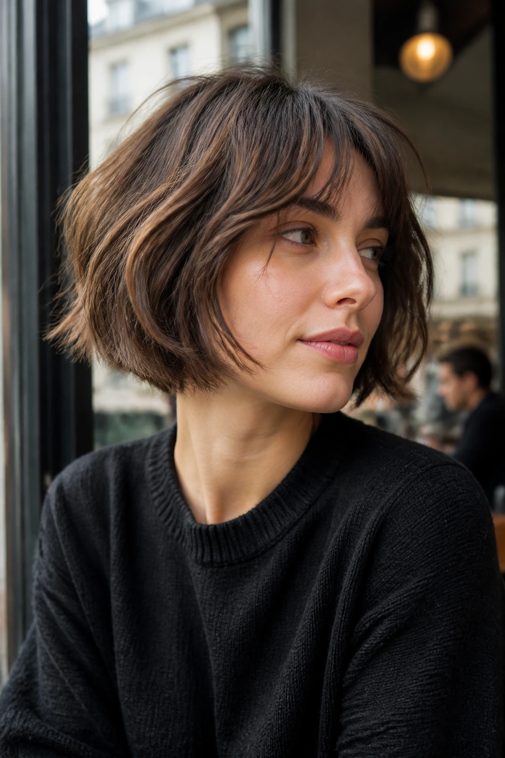 Close-up of a real woman with a piecey tousled French bob showing movement