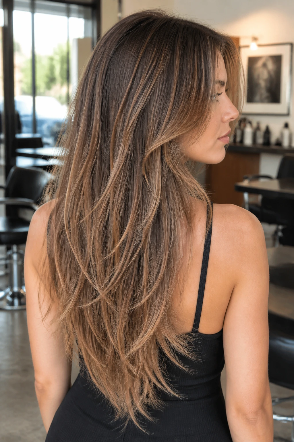 Close-up portrait of a real woman with Piecey V-Cut for Long Length, soft V-cut and piecey ends