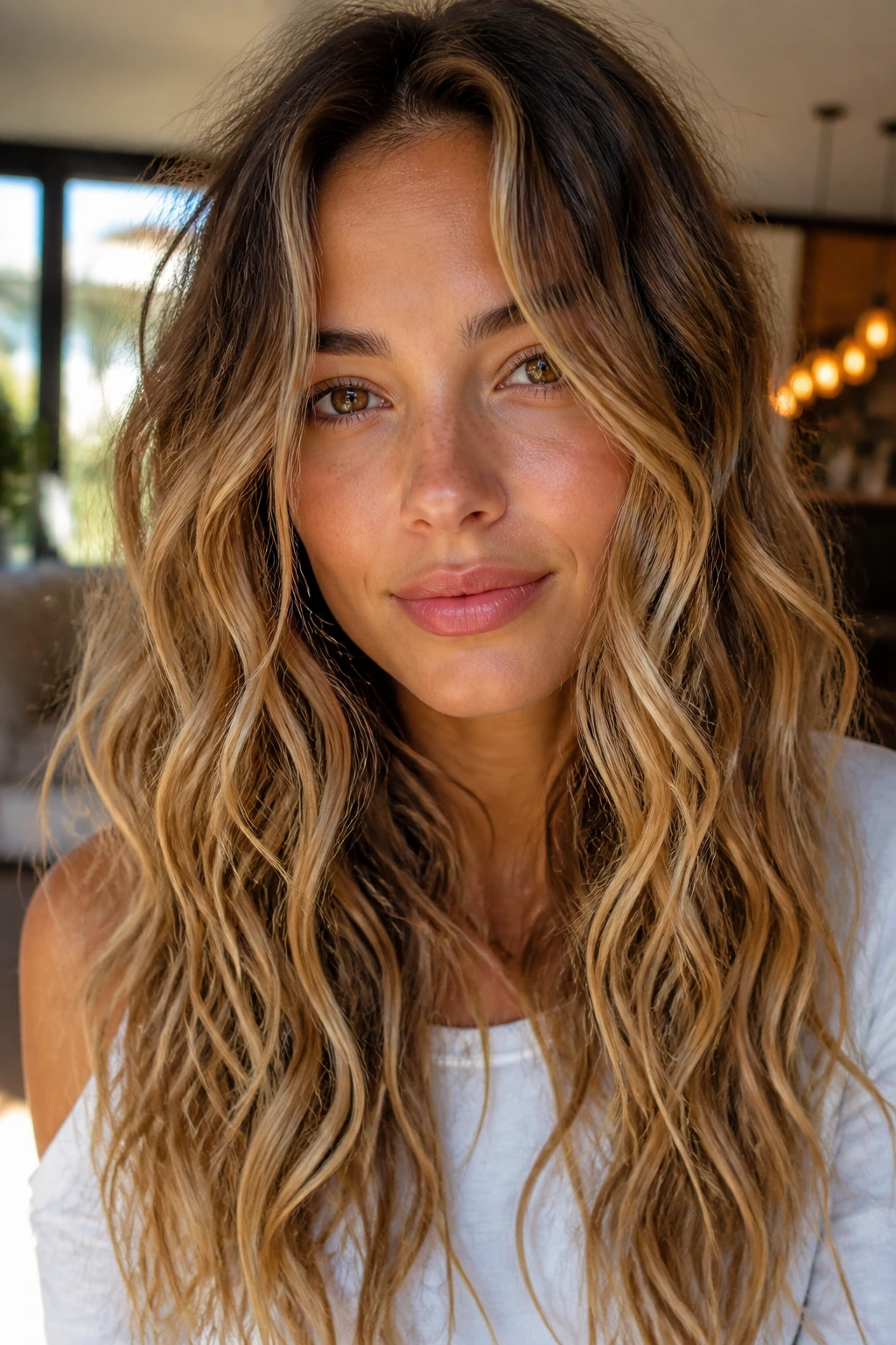 Close-up of a real woman with piecey separated waves in long hair under warm window light