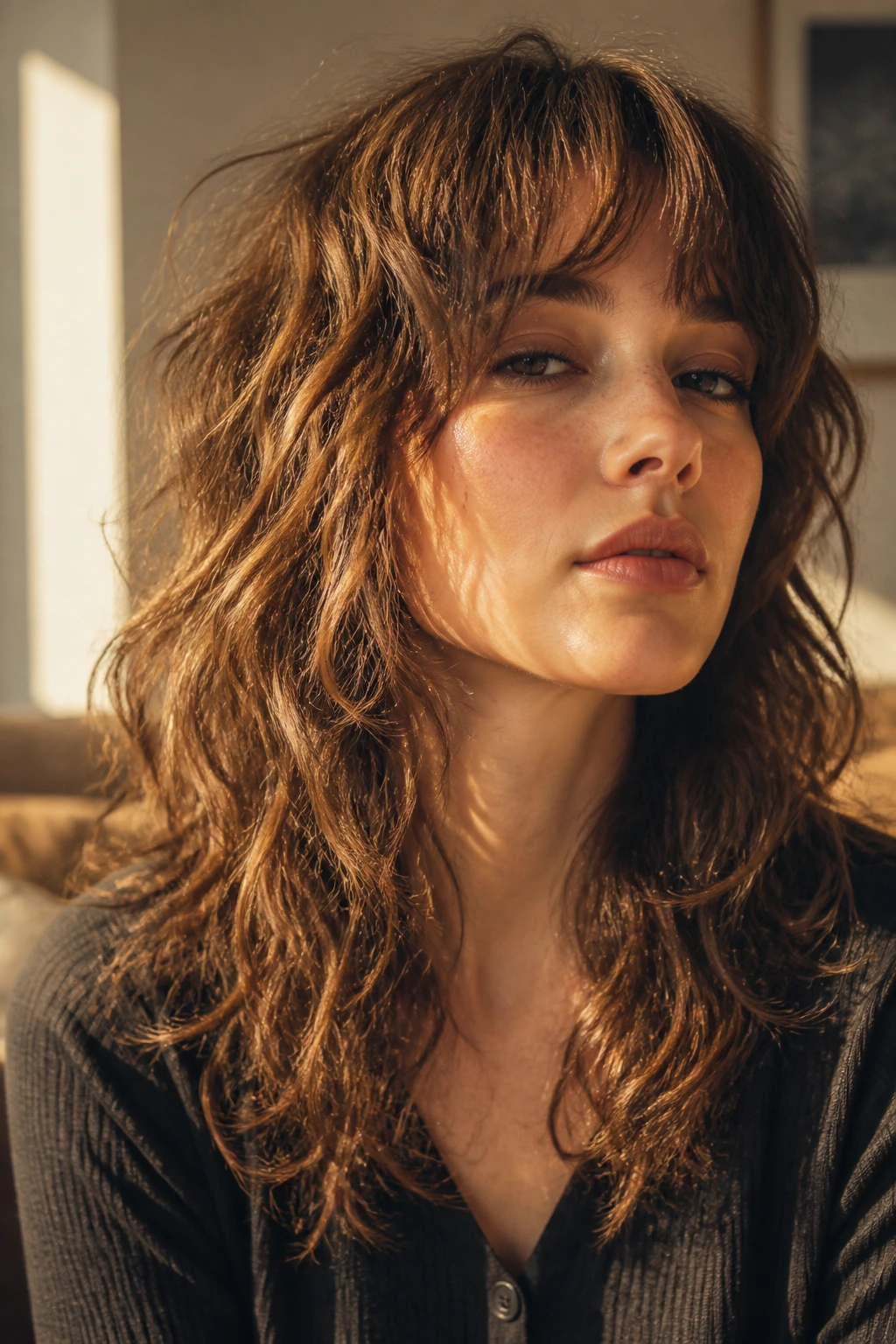 Real woman with piecey waves in a rocker shag in warm light