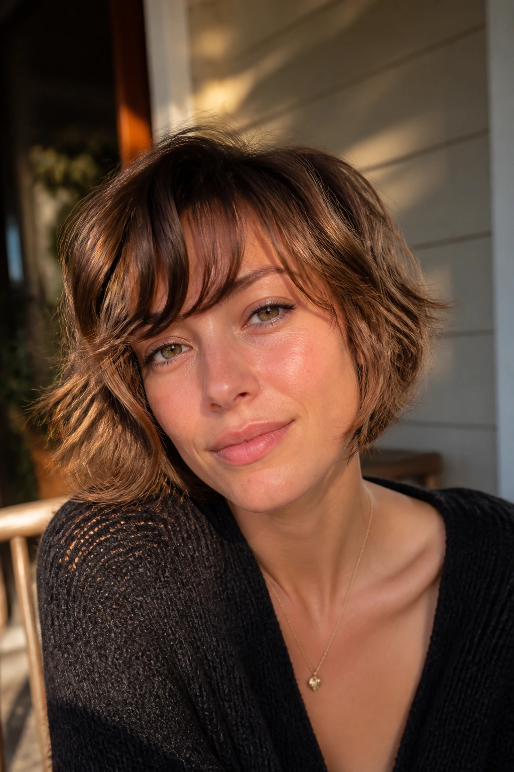 Close-up of a woman with piecey waves and swept bangs in golden hour light