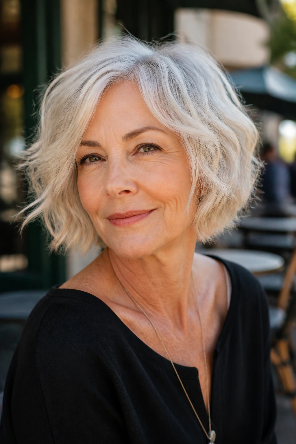 Portrait of a woman with a textured wavy bob and choppy ends