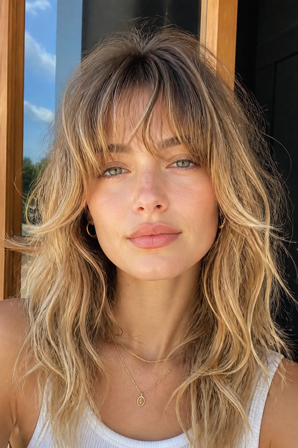Close-up portrait of a real person with piecey wavy fringe