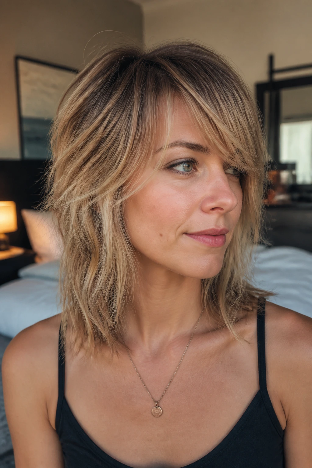 Close-up portrait of real person with piecey wolf cut and side-swept fringe in warm window light