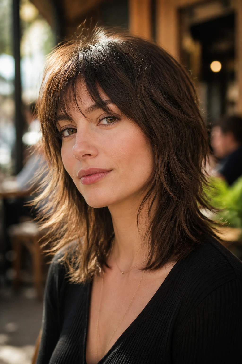 Close-up portrait of a real woman with a piecey wolf cut and visible texture.