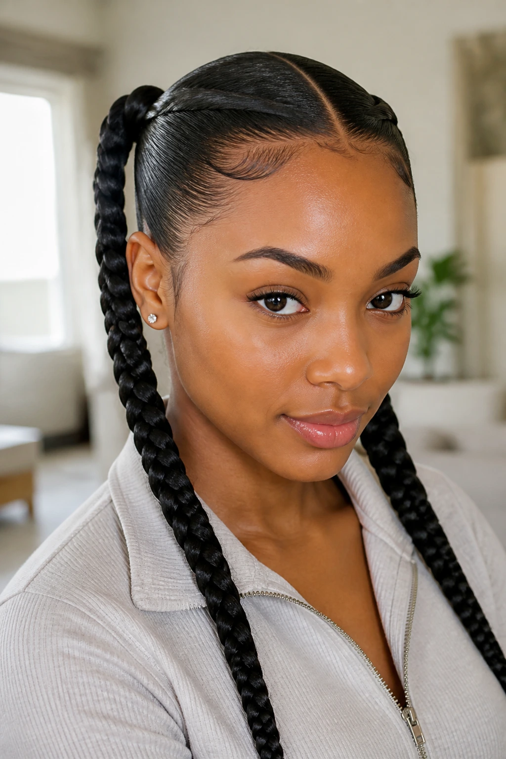 Close-up of a real person with pigtail braids and sleek roots