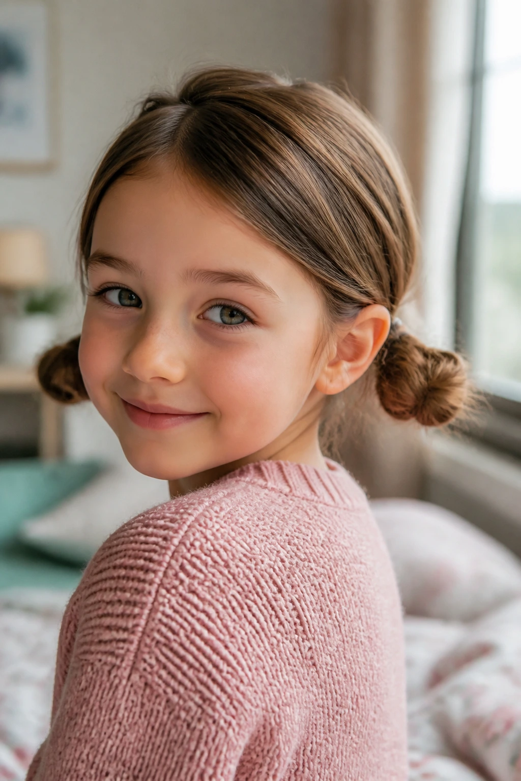 Close-up of a child with two pigtail buns at the nape in a cozy bedroom