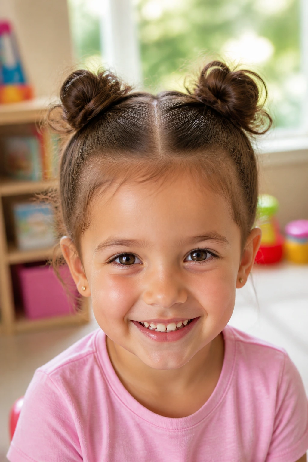 Two mini pigtail buns on a real child's head
