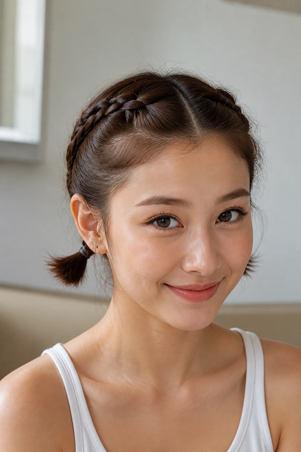 Close-up of a real person with two small French braids on short hair