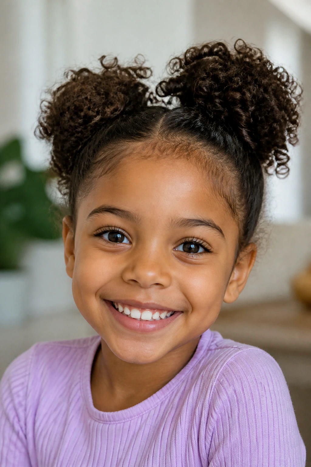 Girl with two curly pigtails and a bright, cheerful expression