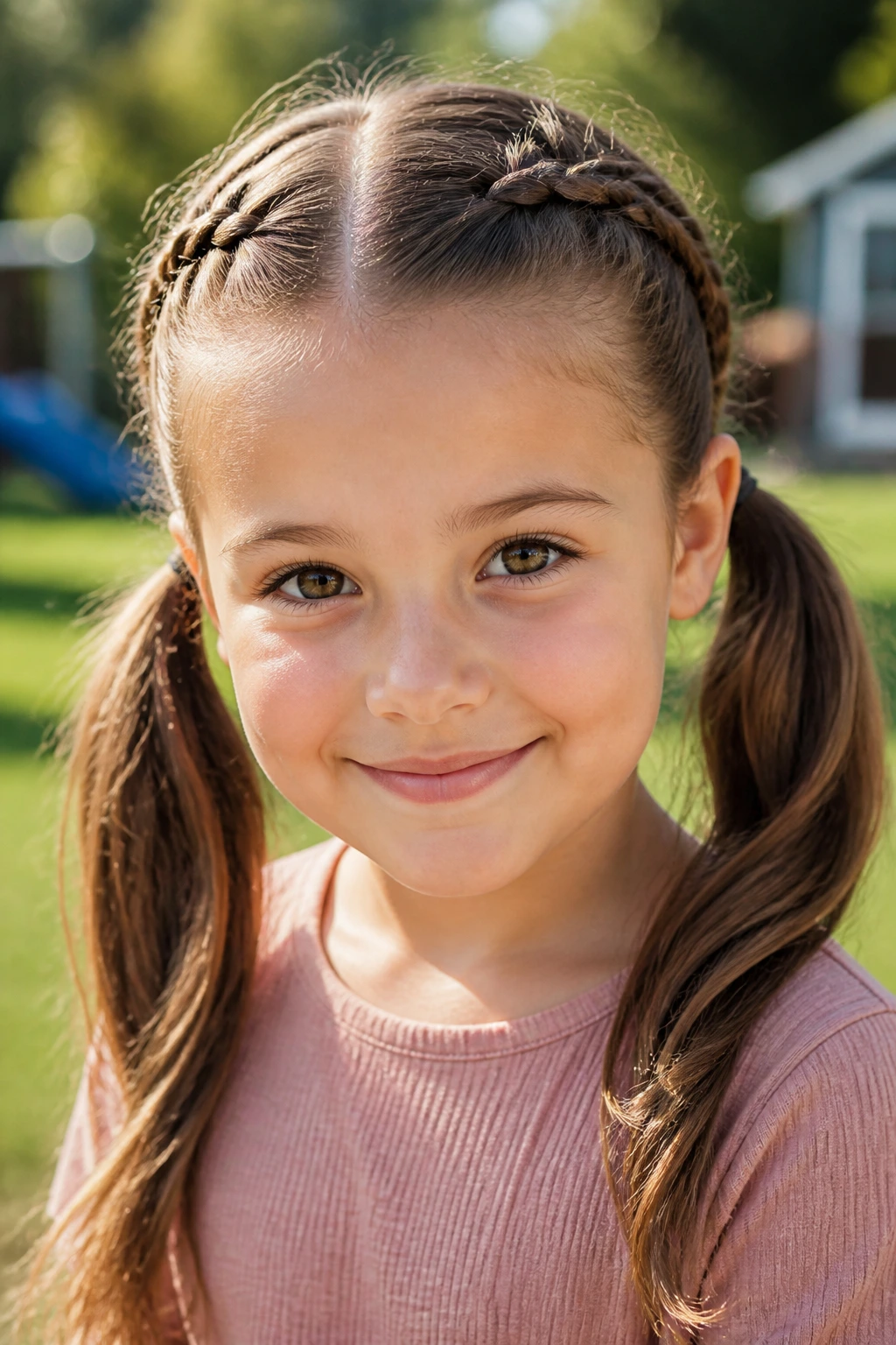 Close-up of a real child with two braids at the base forming braided pigtails