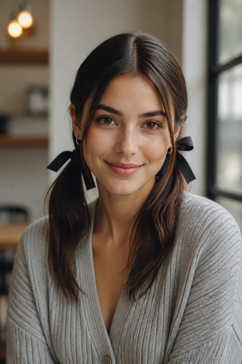 Close-up of a person with center-part and ribbon-tied pigtails
