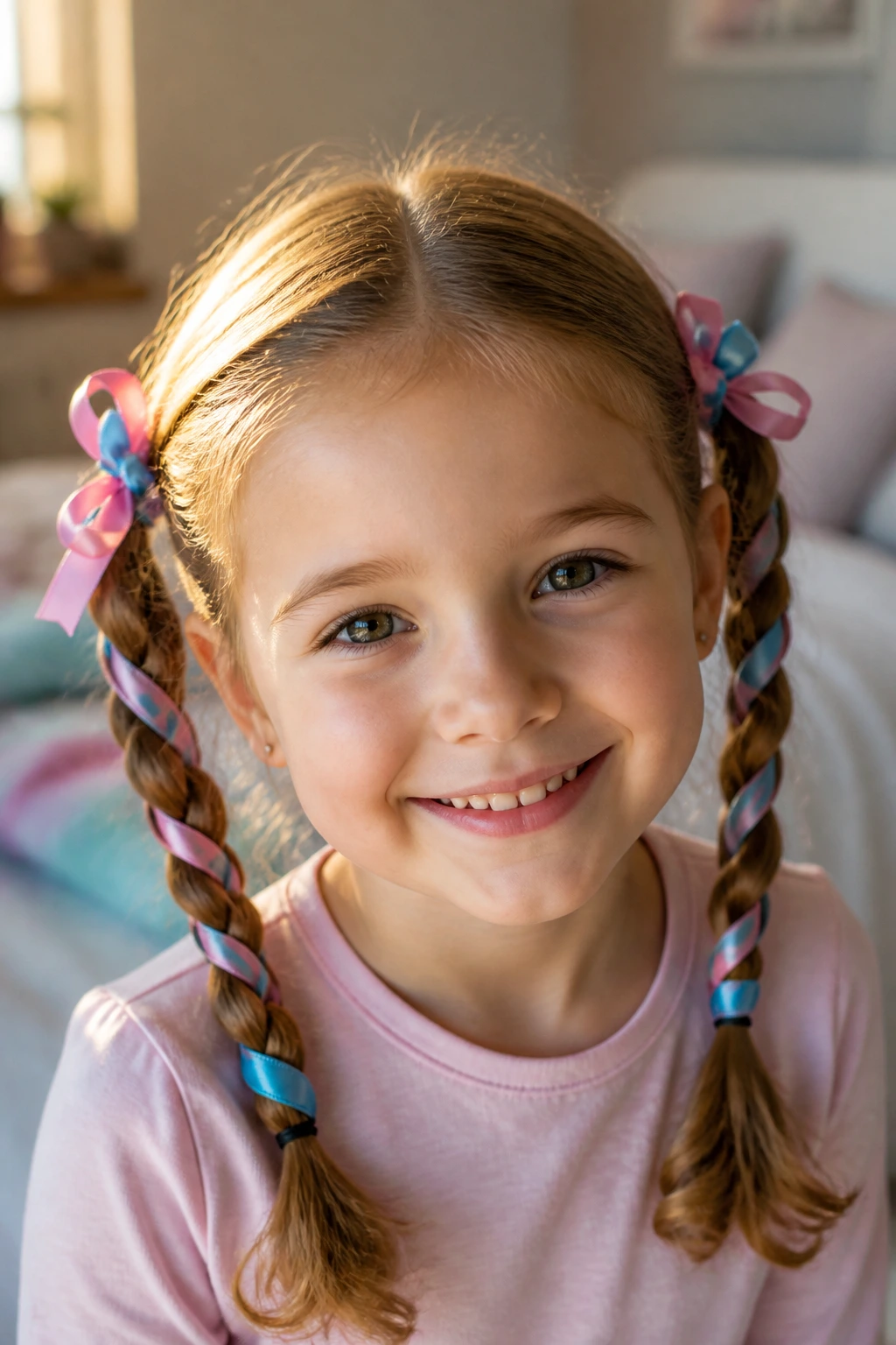 Close-up of a real girl with pigtail braids tied with ribbons in a sunlit bedroom