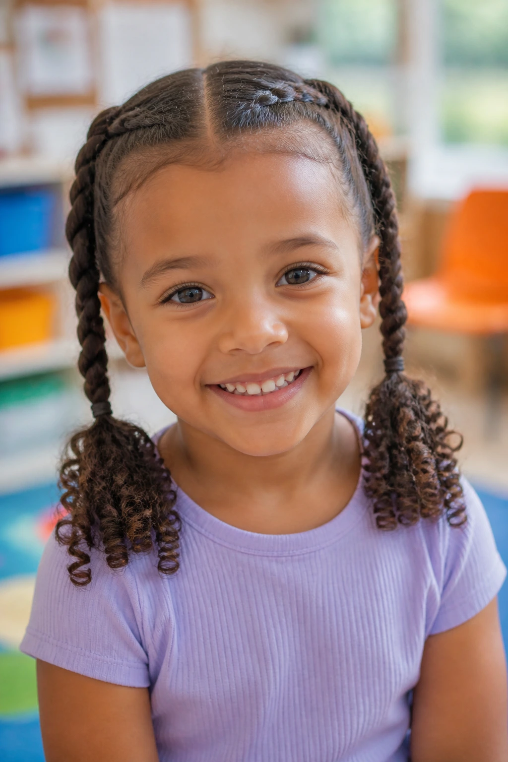 Close-up of a child with two pigtail braids ending in ringlet curls.