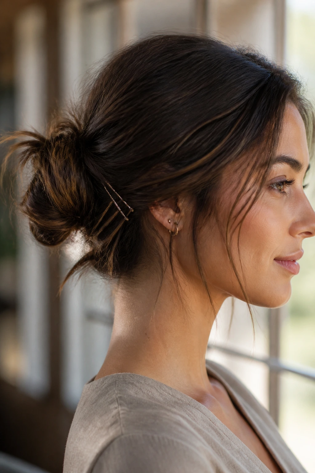 Side portrait of a real person with a pin-and-peek bun showing ends peeking and pins in place