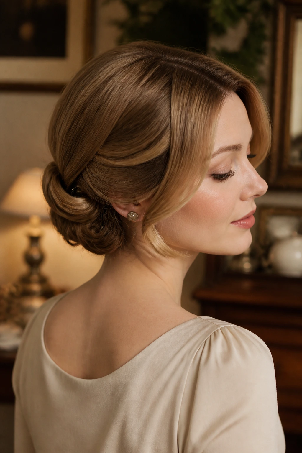Close-up of a real woman with a pin-and-roll bob updo.