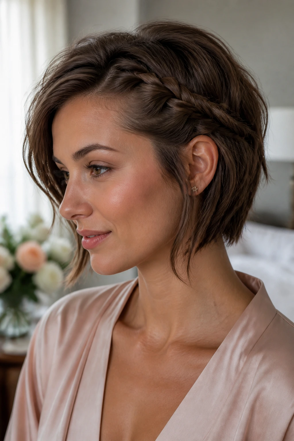 Close-up of a real person with a narrow braid pinned back on layered short hair