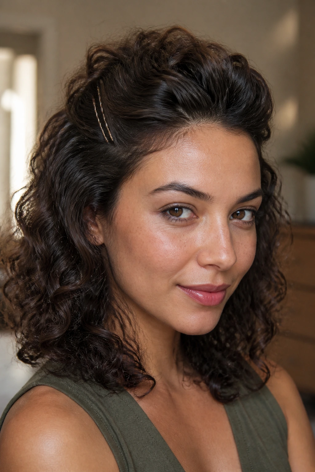 Close-up of pin-back crown puff on real woman, crown puff with pins at temples and loose curls