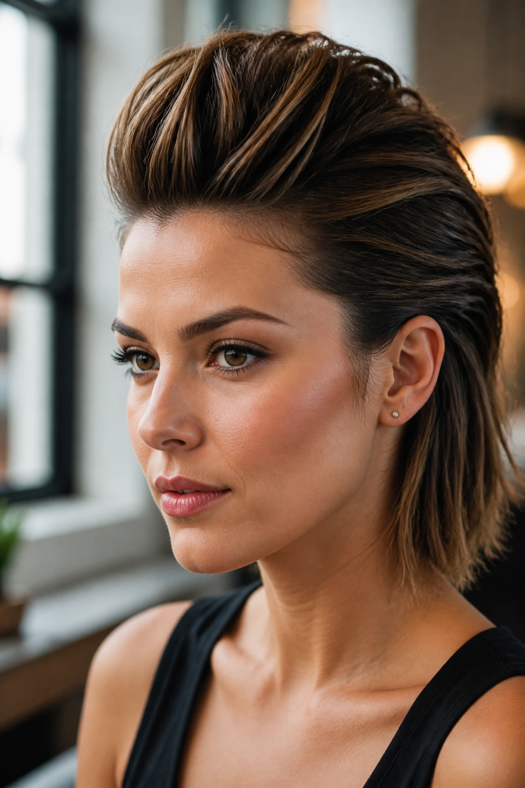 Real woman with a pin-back faux hawk on medium-length hair