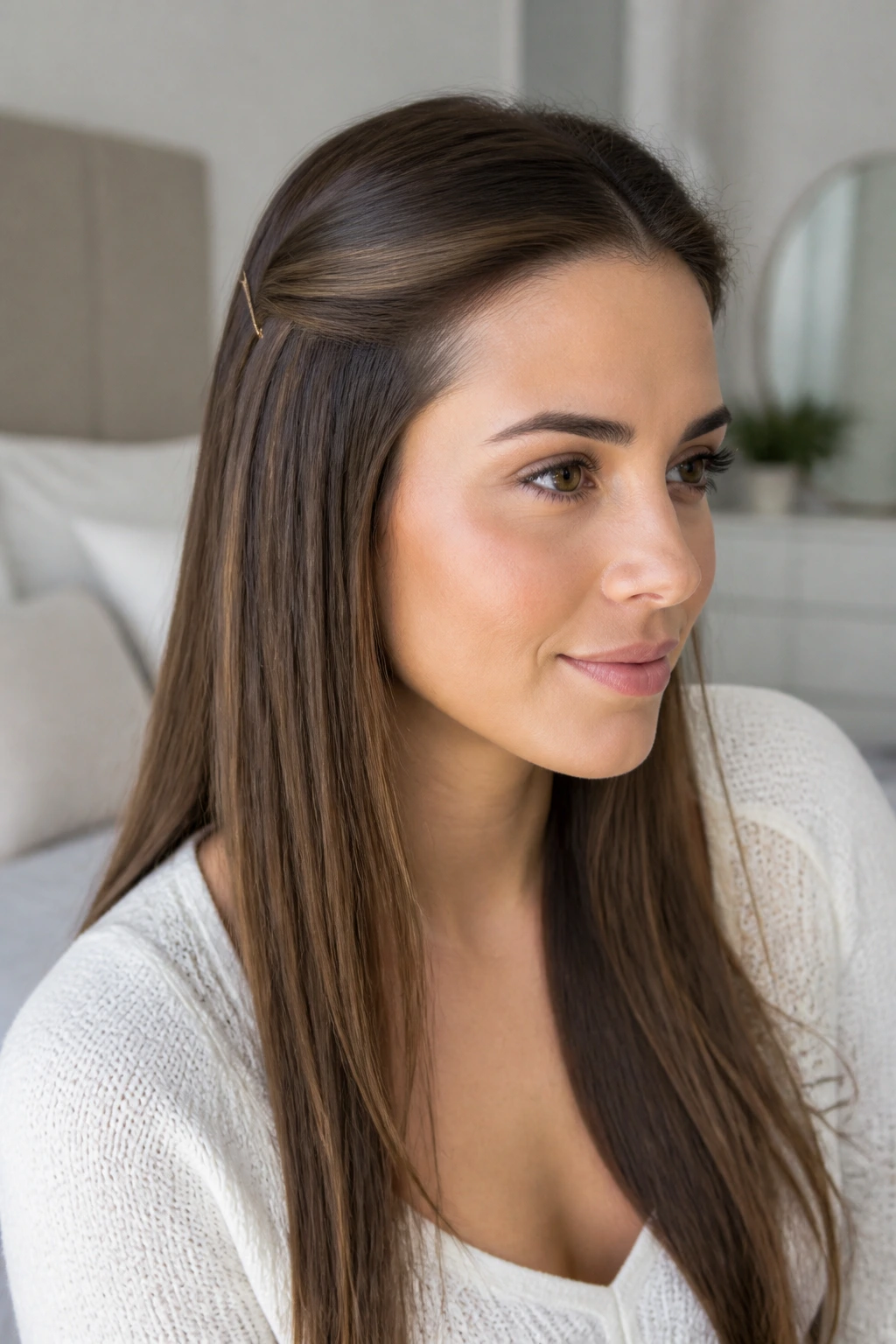 Close-up of a woman with two small pin-back sections in long straight hair.