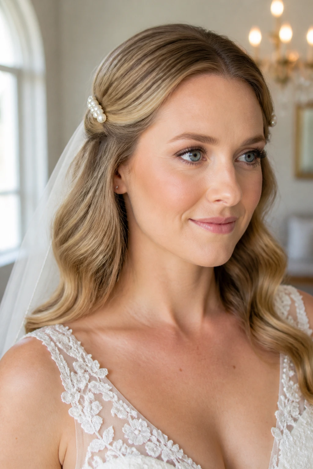 Close-up of a bride with pin-back waves and pearl clips near the temples