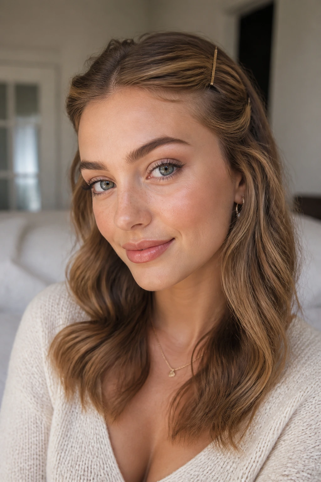 Close-up portrait of a real woman with front sections pinned back into a pin-back wave flip.