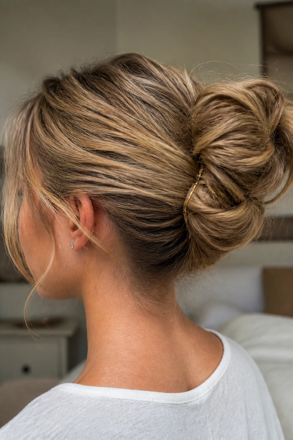 Close-up of a real woman wearing a simple bun secured with seam pins