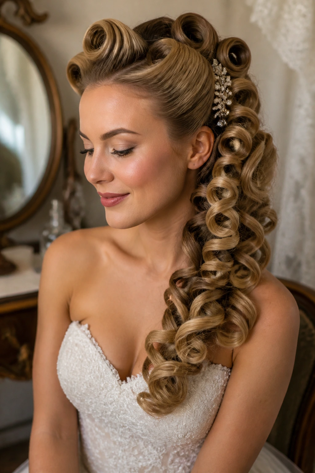 Close-up of a real bride with a pin-curl cascade hairstyle.