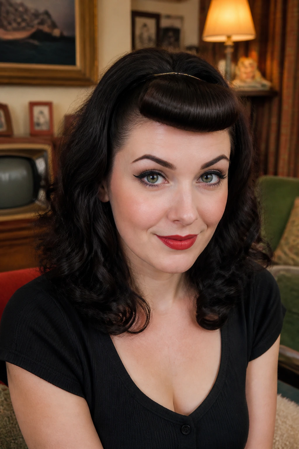 Close-up of a real woman with pinned-forward faux bangs in a retro setting.