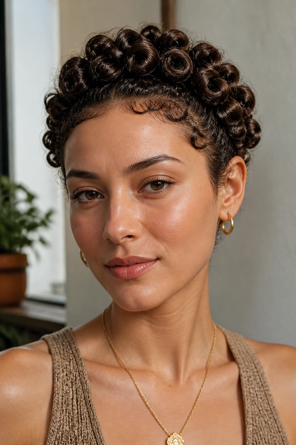 Close-up portrait of a real woman with a pin-curled halo around the crown